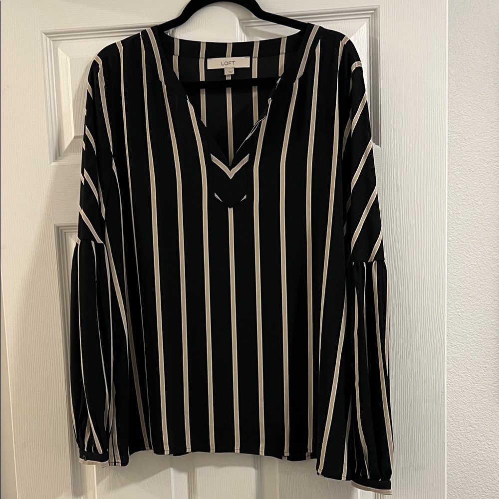 LOFT Black and Cream Striped V-Neck Blouse
